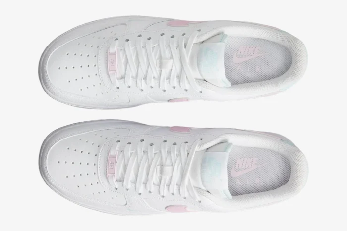 Top-down view of white Nike Air Force 1 '07 Cotton Candy sneakers with light pink and blue accents. - SKU DD8959-100
