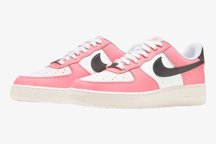 Nike Air Force 1 Low Neapolitan sneakers in pink, white, and brown, three-quarter side view. - SKU FQ6850-621