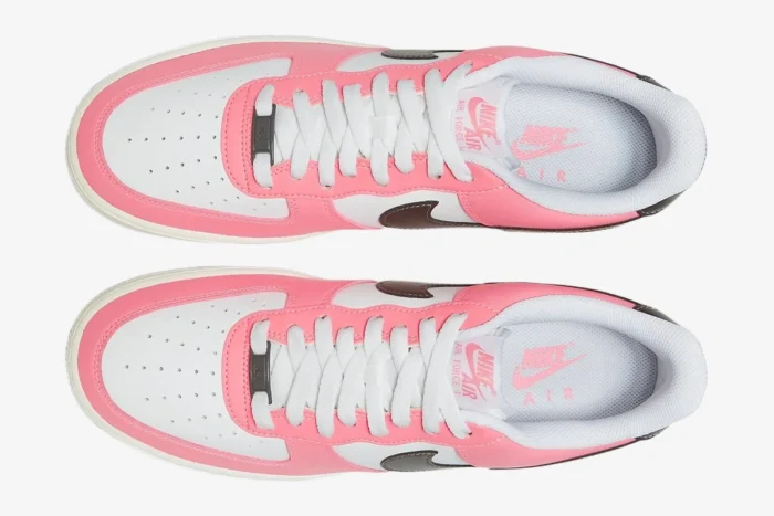Top-down view of Nike Air Force 1 Low Neapolitan sneakers in pink, white, and chocolate brown. - SKU FQ6850-621