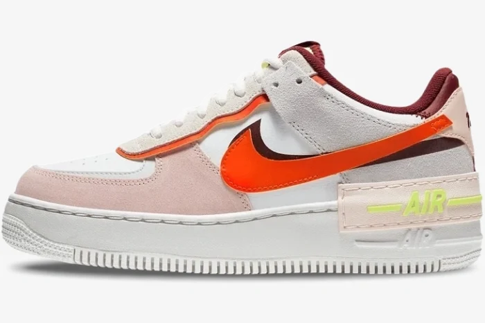 Side profile of Nike Air Force 1 Low Shadow Orange Pearl sneakers with layered pastel and orange details. - SKU CU8591-600