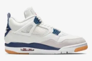 Nike SB Air Jordan 4 Navy sneakers in a side profile view featuring white leather and a gum outsole. - SKU DR5415-100