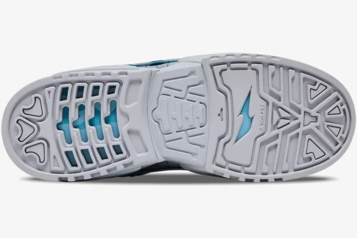 Bottom view of the light grey RTFKT x Nike Dunk Genesis 'OG' outsole with teal accents.